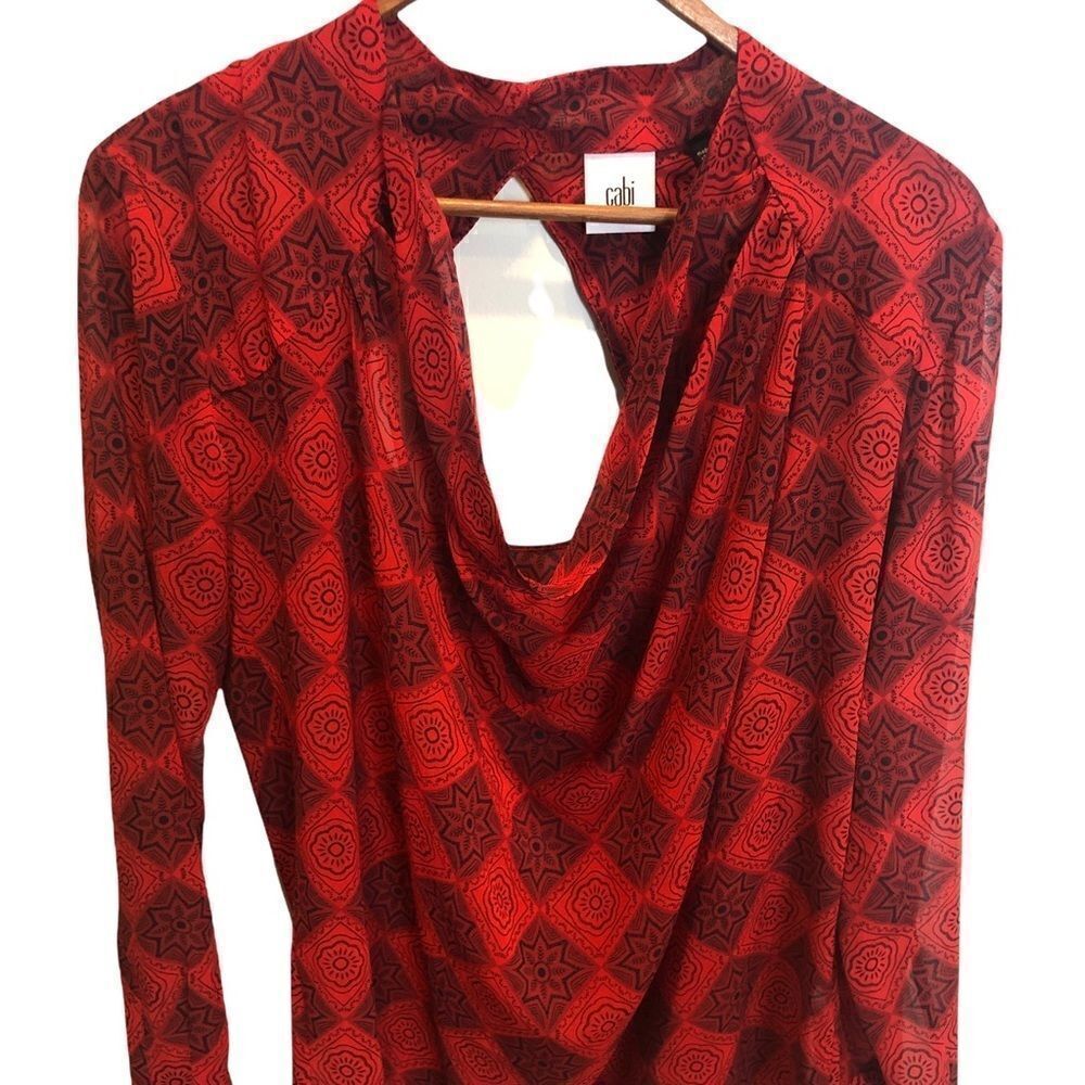 Cabi red & black sheer blouse w drape‎ front & keyhole back women's size SMALL